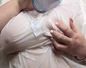 Busty Slut Takes A Bath In A WHITE T-Shirt!