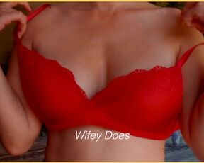 MILF hot lingerie. Big tits in red lace bra OF @wifeydoespremium