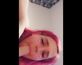 Pink Haired SLUT Sucks Dildo While Pleasured from BEHIND ????