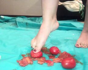 Barefoot food crushing, smashing tomatoes and crispy cake with my soles