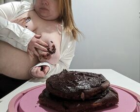 Dirty whore sub eating and sitting on chocolate cake